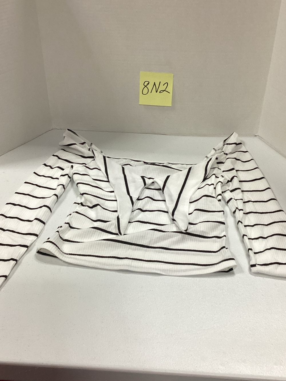 SHEIN White Ribbed Off-Shoulder Crop Top with Black Stripes